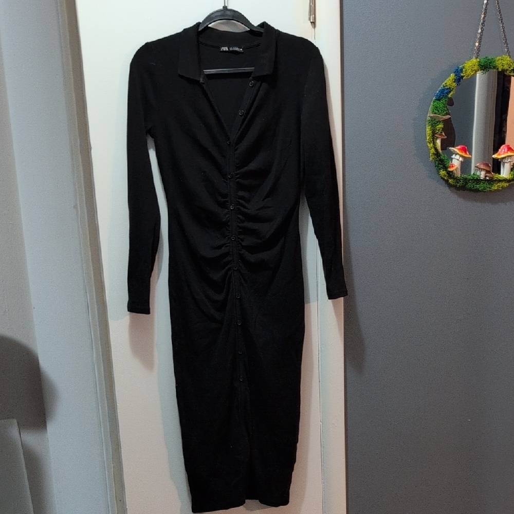 Zara Black Ruched Bodycon Dress with Notched Collar